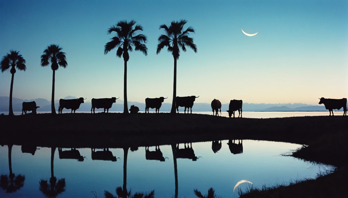70s, A silhouetted landscape with palm trees against a blue sky with a crescent moon, reflected in a still body of water with cattle standing in the foreground, style photography, analog style, vintage colors, xprocess