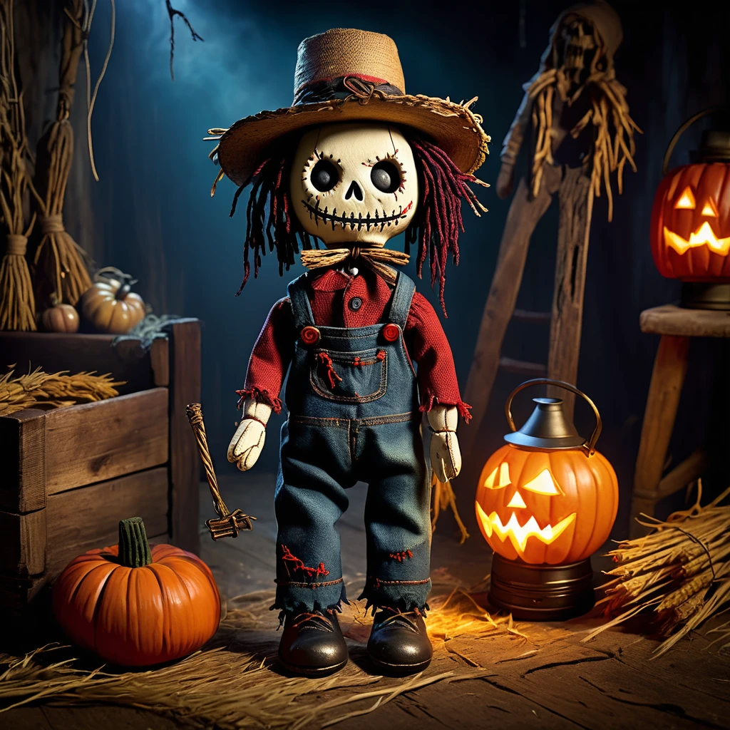 (knitted toy voodoo doll:1.5), (Voodoo Cursed Farmer:1.3), (Clothing: tattered overalls with dark stains:1.0), (Accessories: enchanted cursed pitchfork, glowing sinister scarecrow:1.1), (background: haunted farm with flickering lanterns, eerie rustling, and ghostly crops:1.2), best quality, masterpiece, detailed soft oil painting, detailed background, dramatic cinematic lighting, soft edge lighting, professional, dramatic lighting, hard edge lighting, ultra quality, 4k, masterpiece, best quality, 8k, ultra high definition, high resolution, extremely detailed
