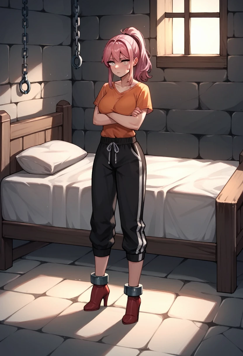 score_9, score_8_up, score_7_up, score_6_up, score_5_up, score_4_up, source_anime, 1girl,bed ,pink hair, ponytail, white eyes, w-w-chain, shackles , crossed arms, loose hair, black orange shirt,sweatpants,red ankle boots, high heels, night , dungeon, best quality, best res, 4K UHD,