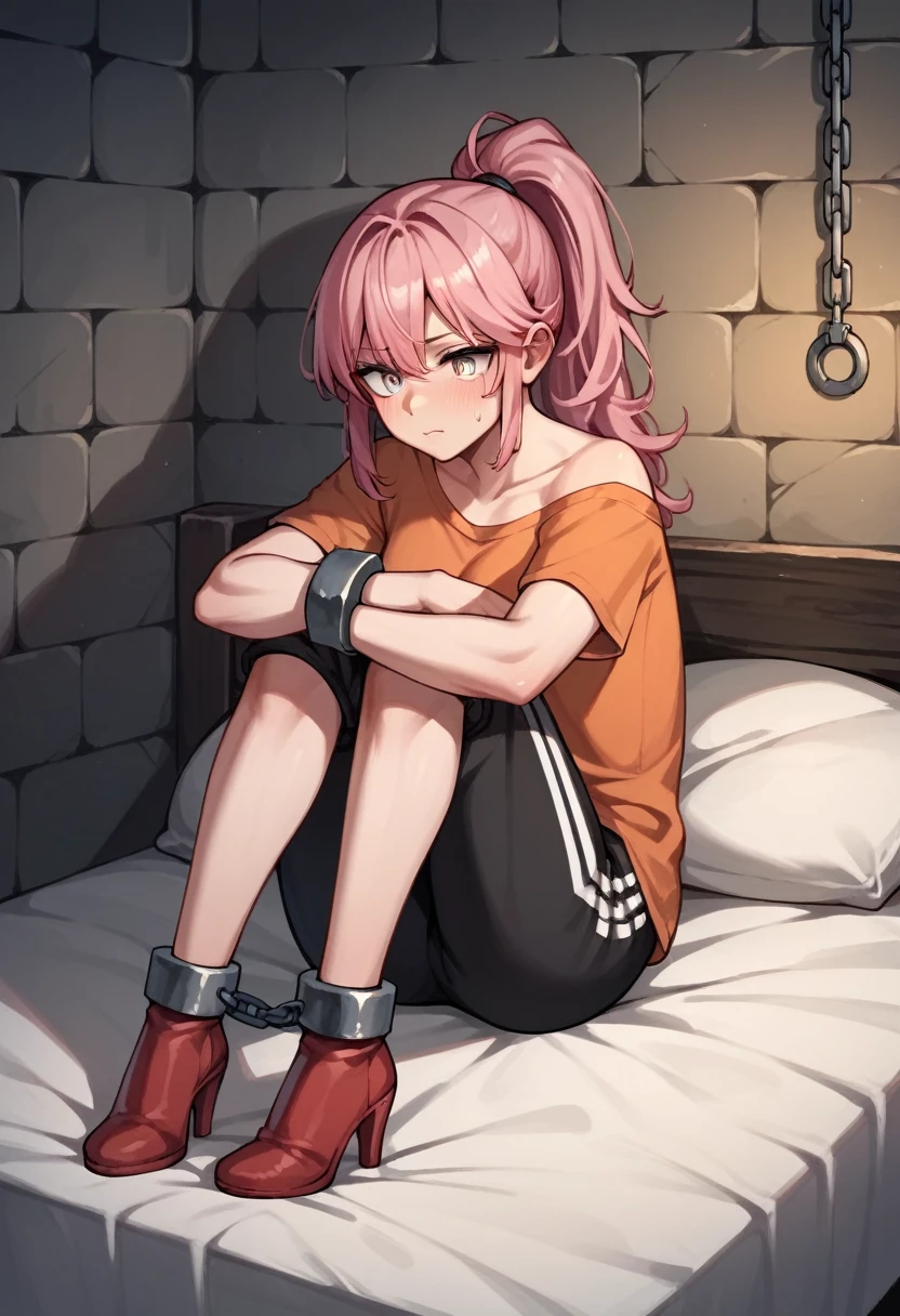 score_9, score_8_up, score_7_up, score_6_up, score_5_up, score_4_up, source_anime, 1girl,bed ,pink hair, ponytail, white eyes, w-w-chain, shackles , crossed arms, loose hair, black orange shirt,sweatpants,red ankle boots, high heels, night , dungeon, best quality, best res, 4K UHD,