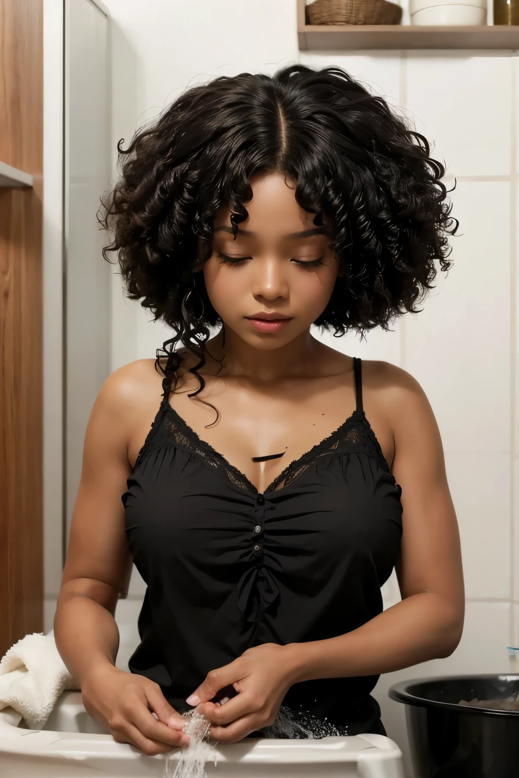 black woman black woman with curly hair washing her hair