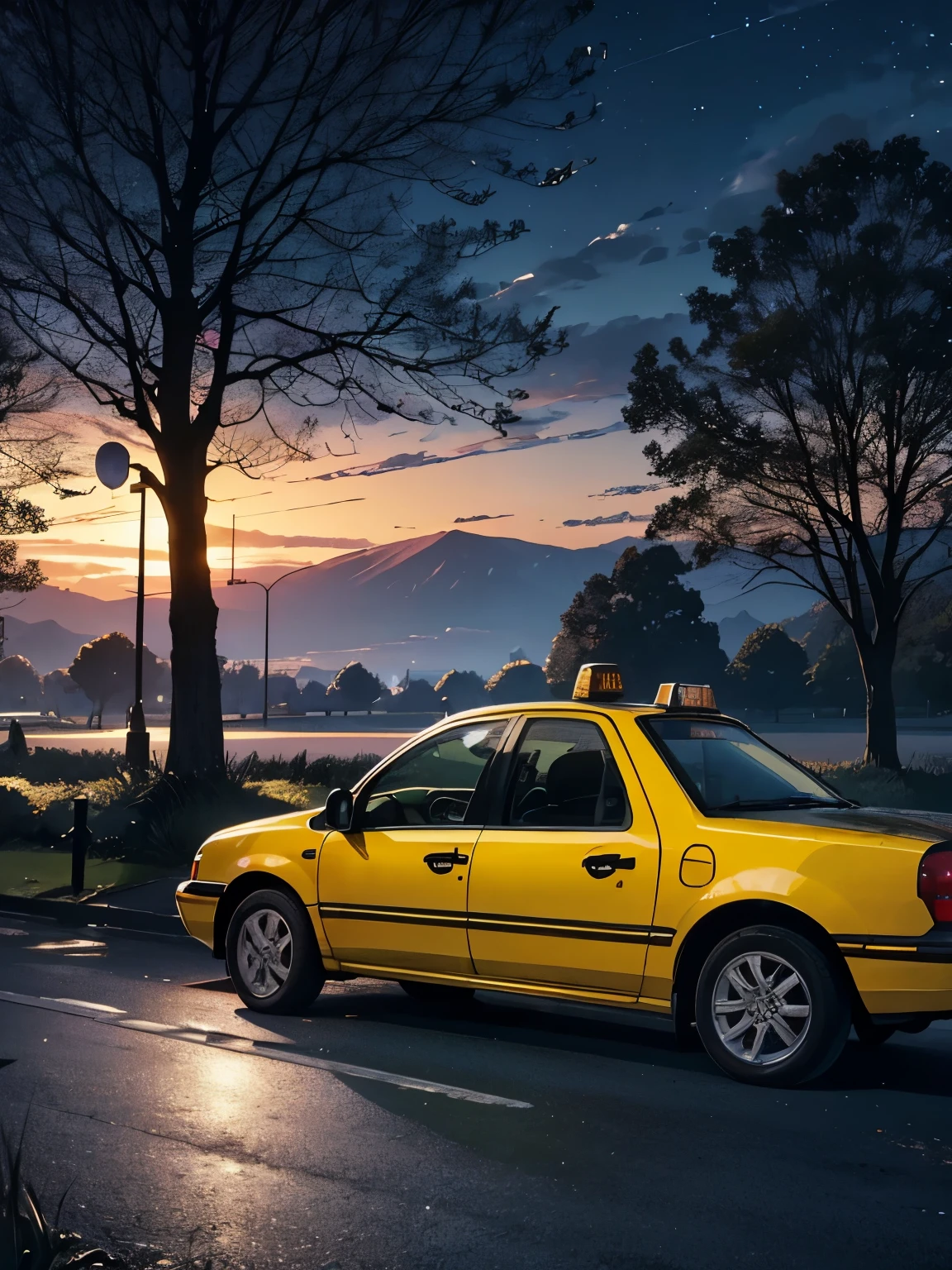 Parked on the side of the road in the park in the middle of the night5Taxis、Country parks、There are no people、Black Taxi、Dark and mysterious atmosphere at night、Pitch black