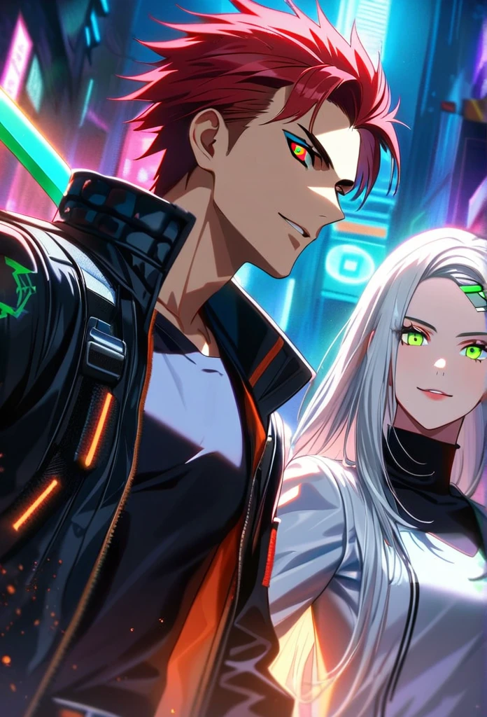 two persons, A man and a girl , man (Kyo Kusanagi look a like, long strands falling on the forehead) holding a perfect neon katana wearing a leather white jacket and black t shirt, stand and confident pose, confidente smile, cyberpunk, night, fingerless gloves , red hair, neon eyes, ultra detailed face, and his gorgeous sister with white long hair and green neon eyes, girl with long white hair dangerous look, hunting high and low