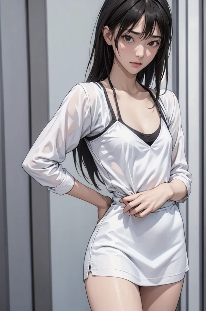 ((masterpiece, best quality)),((high resolution:1.3)), 1 Girl, solo, Cowboy Shot, Blurred Background, silky hair, (((Small breasts:1.3))), Thighs, (((cool Pose))), ((mini dress)), ((lift skirt))