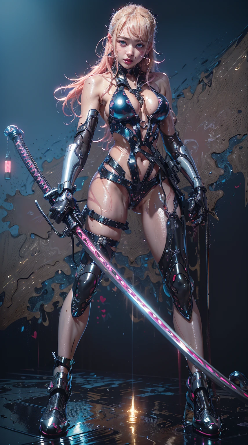 Highest quality、Surreal、Perfect Anatomy、In the middle of a crowded arena、Wet and shiny white skin、Sweat dripping all over the body、Small face、Model Body Type、Golden and pink hair、Black micro bikini、blush、Collars and Leads、Black Japanese sword、Heart shaped decoration、Cyberpunk City、Dripping blue liquid、Intricate, luminous mechanical parts、