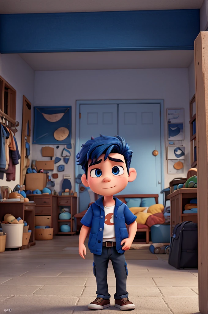 create an image with a tired boy using his cell phone with dark blue hair in pixar style