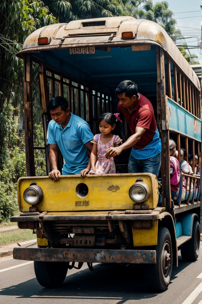 a painting of a jeepney moving and a father leaving his one daughter 