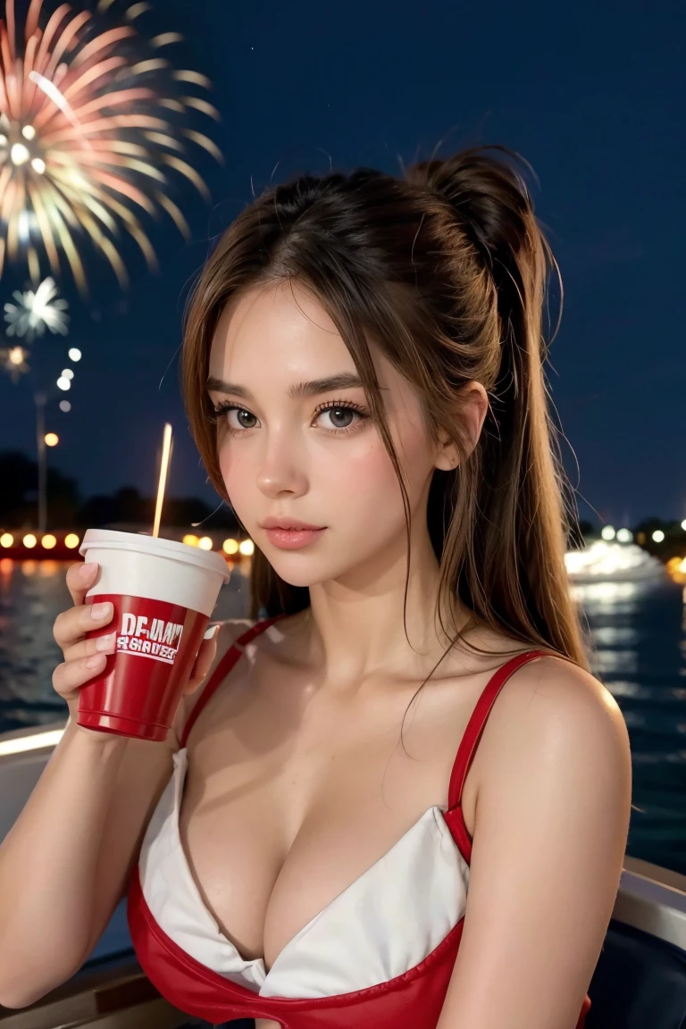 Woman holding up a red solo cup, on a boat, fourth of july, fireworks