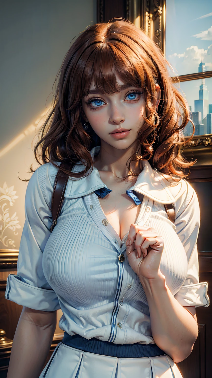 Super detailed, masterpiece, High resolution, Photorealistic digital art, perfect lighting, (((1 girl, perfect anatomy))), accurate right hand, accurate left hand, five fingers, perfect style, (Suletta Marcury), 3d face, big blue eyes, Detailed and beautiful eyes, glossy lips, Red curly hair, Beautiful brown skin, shiny skin, shy smile, (((white School uniform))), 