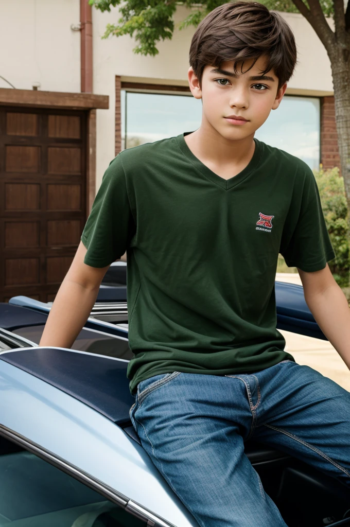One boy 15 years old stand on the car