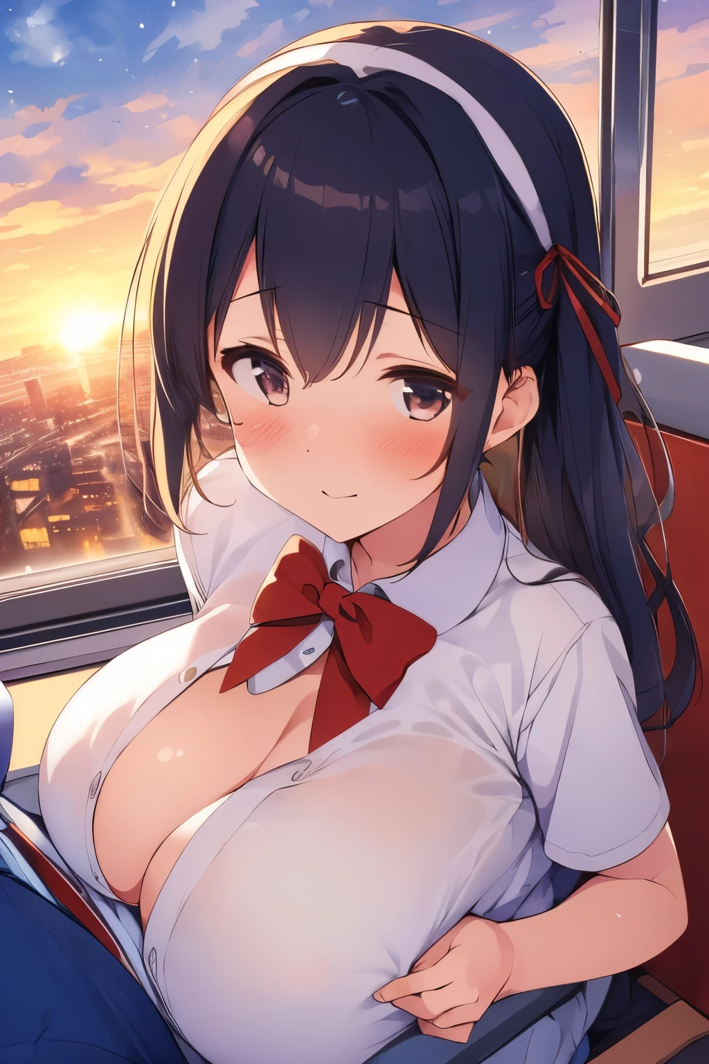 masterpiece,best quality,1girl, paizuri_under_clothes, PUC, 1boy, paizuri, blush, large_breasts,santa clothes,on a bench in a train,the sun set, city landscape over the window,,floating_clothes