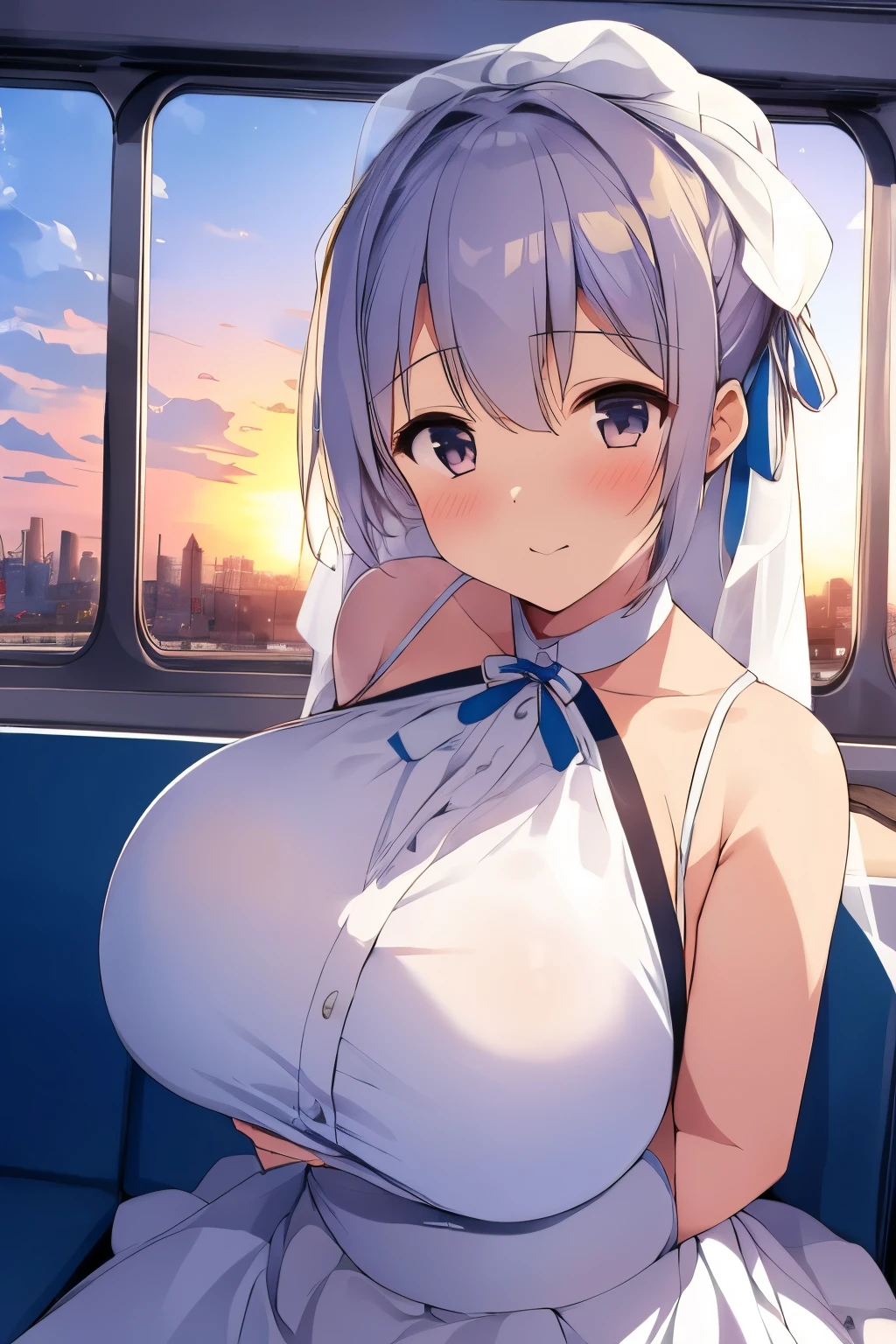 masterpiece,best quality,1girl, paizuri_under_clothes, PUC, 1boy, paizuri, blush, large_breasts,white wedding dress,on a bench in a train,the sun set, city landscape over the window,,floating_clothes