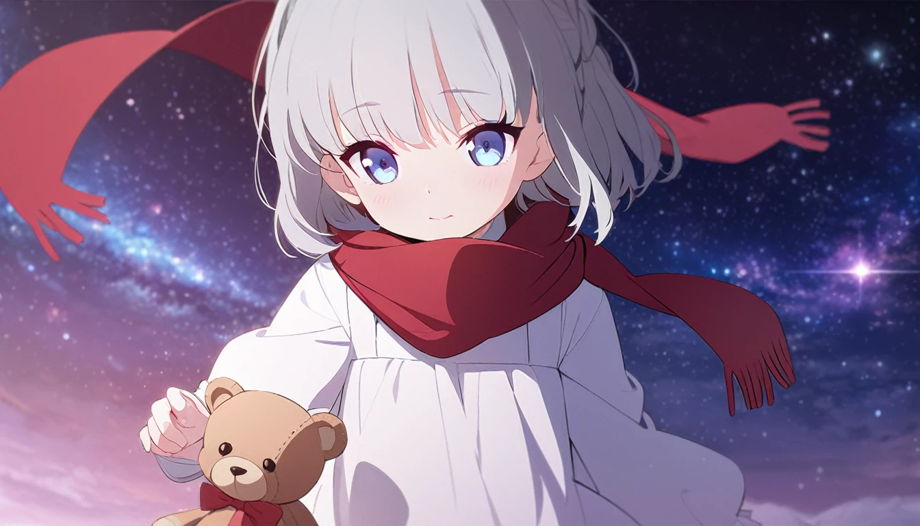 (((masterpiece))), (((best quality))),(((high detail))),light manipulation, girl with silver hair, gradient purple to sky blue eyes, wearing a white dress, a red scarf, (((loli))), (((child))) , galaxy background, holding a teddy bear, feet, no footwear