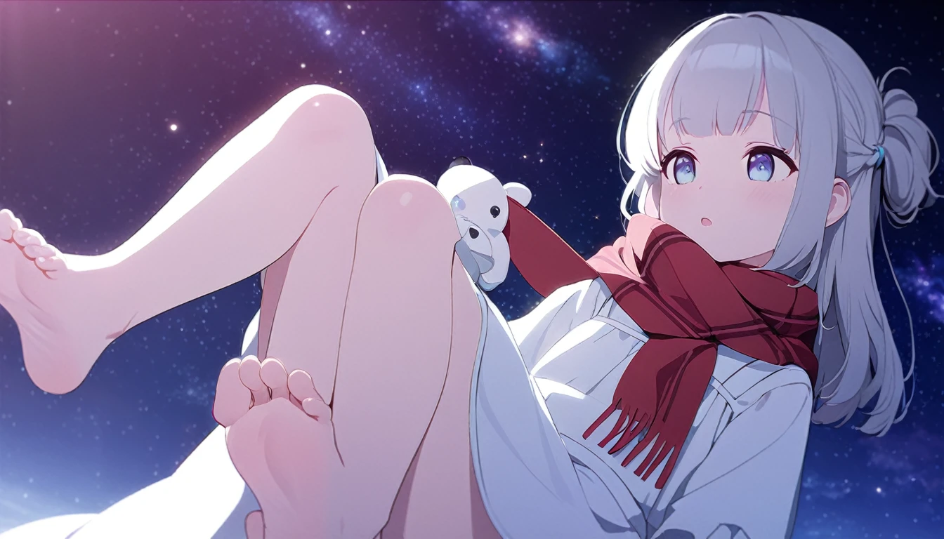 (((masterpiece))), (((best quality))),(((high detail))),light manipulation, girl with silver hair, gradient purple to sky blue eyes, wearing a white dress, a red scarf, (((loli))), (((child))) , galaxy background, holding a teddy bear, feet, no footwear