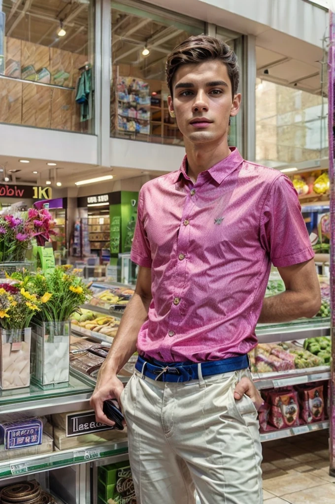 Young handsome slim brunette man taking selfie realistic 8k, in a shopping center, high quality background