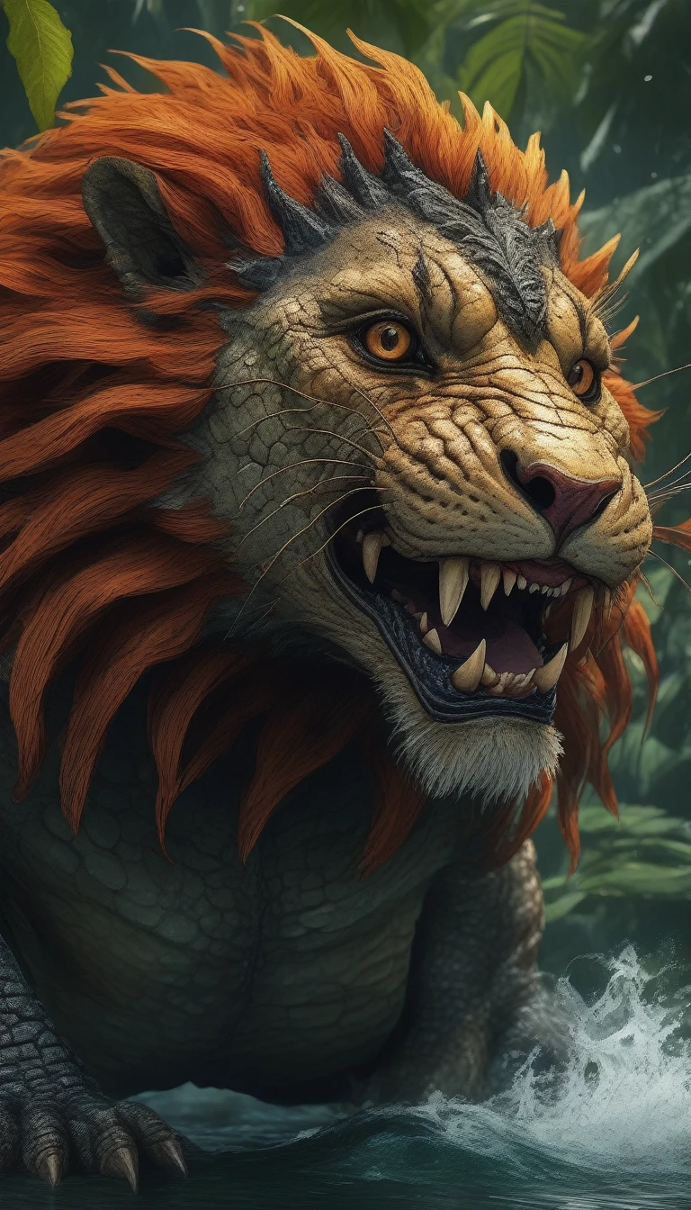 Great Picture Quality, Masterpiece, Best Picture Quality, Super Detail, Ultra Detail, UHD, HDR, DOF, Depth of Field, A cross between a lion and a crocodile, the fictional fearsome creatures of the rainforest swamps have the strength of a lion and the powerful jaws of a crocodile and wield terror both on the water and on land.