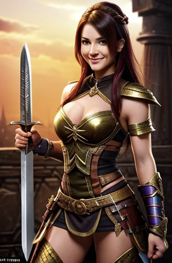 A fantasy female warrior, a sword in her hand, smiling, mischievous humor, mischievous personality, flirty, happy