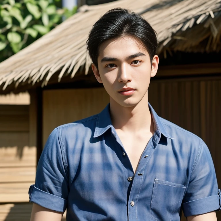 Haraf man looking at camera, perfect has a round face, Southeast Asian man with a round face, 3-D profile picture, 8K, 45,000,000 pixcls, realistic light colors, beautiful young asian man, Asian man, charming anime,  Comfortable pose, Anime Asian man in real life, Handsome man with perfect body,Wear a jeans shirt., Freestyle photo of a handsome young man, ผู้Asian manที่สวยงาม, The character is in her natural pose., 