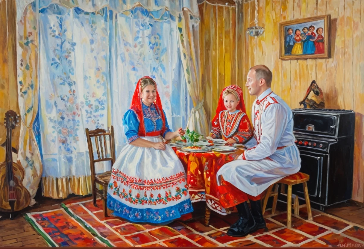 village wedding, young newlyweds sitting at the table in the centre, bride and groom in Russian clothes, Russian cooker in the background, two children looking out from behind the curtain, musicians playing balalaika and flute in front of the table, guests dancing, acrylic paints (medium), traditional means of image