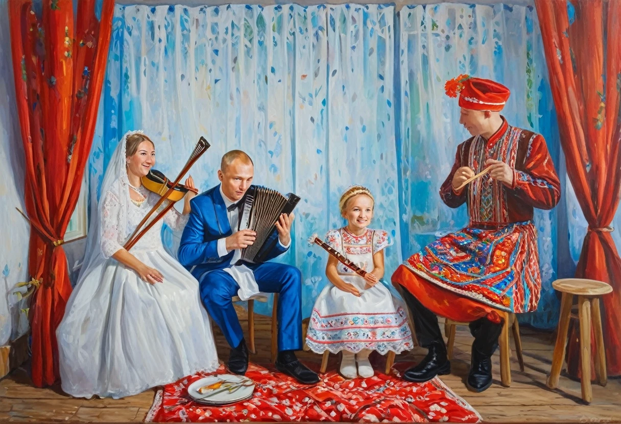 village wedding, young newlyweds sitting at the table in the centre, bride and groom in Russian clothes, Russian cooker in the background, two children looking out from behind the curtain, musicians playing balalaika and flute in front of the table, guests dancing, acrylic paints (medium), traditional means of image
