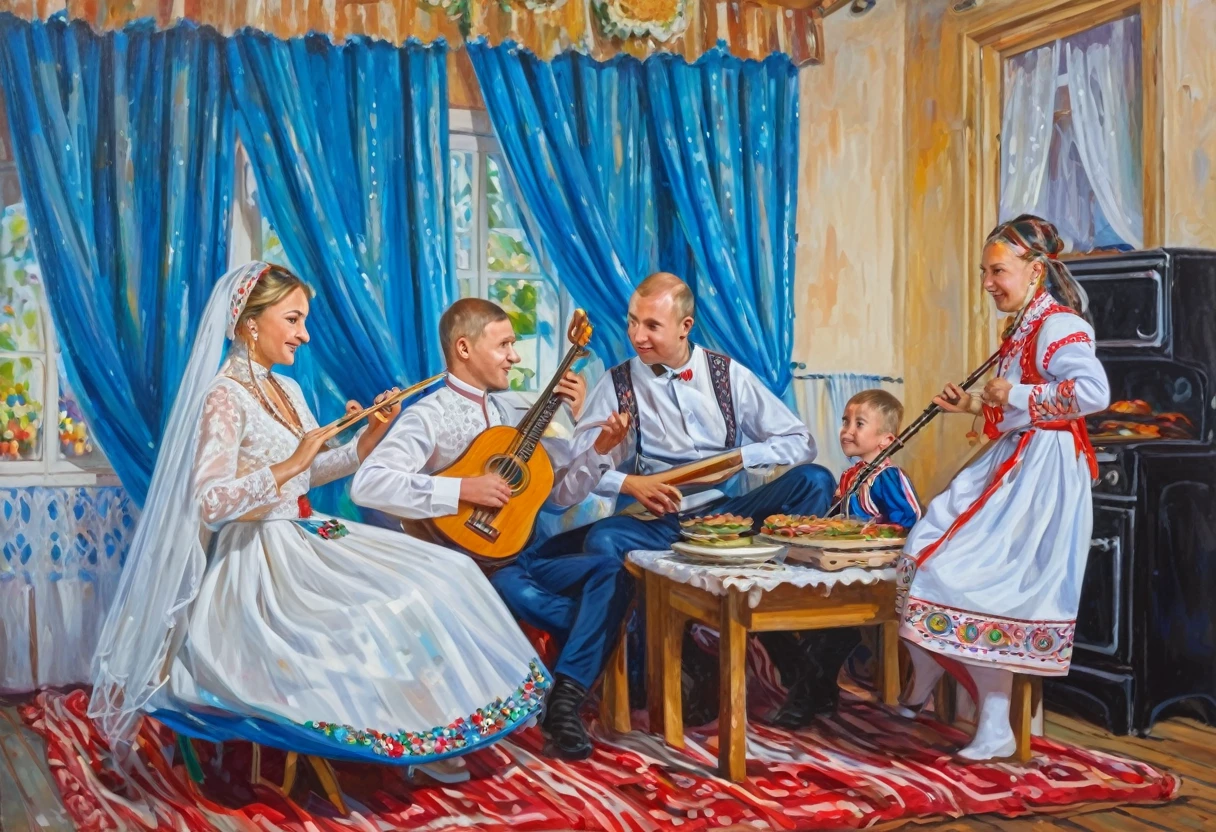 village wedding, young newlyweds sitting at the table in the centre, bride and groom in Russian clothes, Russian cooker in the background, two children looking out from behind the curtain, musicians playing balalaika and flute in front of the table, guests dancing, acrylic paints (medium), traditional means of image