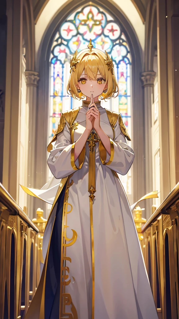 Priest , gold hair, yellow sparkling eyes, white cute clothes, stands in cathedral, holds finger at her mouth