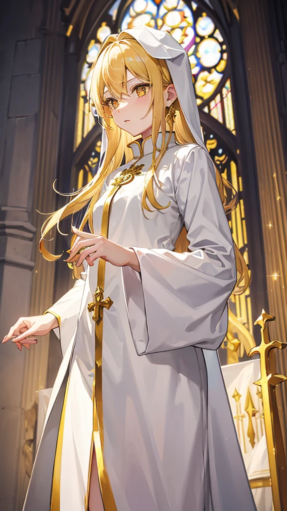 Priest , gold hair, yellow sparkling eyes, white cute clothes, stands in cathedral, holds finger at her mouth