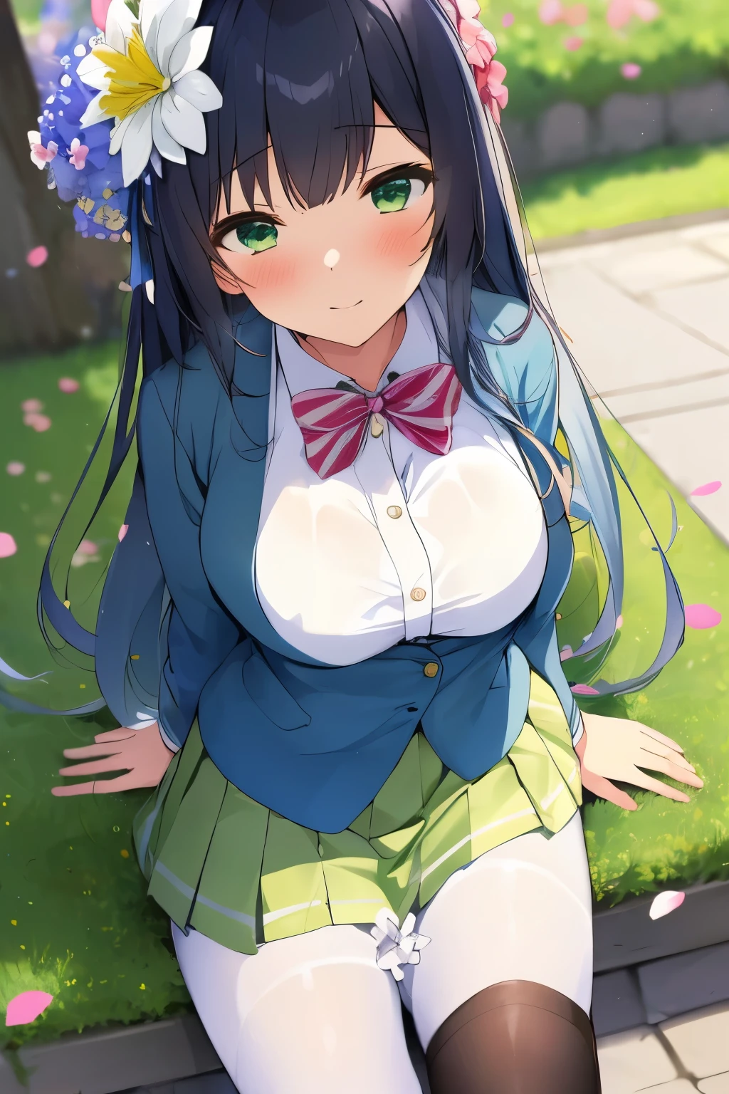 masterpiece,best quality,1girl, paizuri_under_clothes, PUC, 1boy, paizuri, blush, large_breasts,long sleeves, white shirt, pantyhose, pleated skirt, black pantyhose, green skirt, blue cardigan,surrounding by flowers,falling_petals, outdoors, petals,,blur background,background defocus