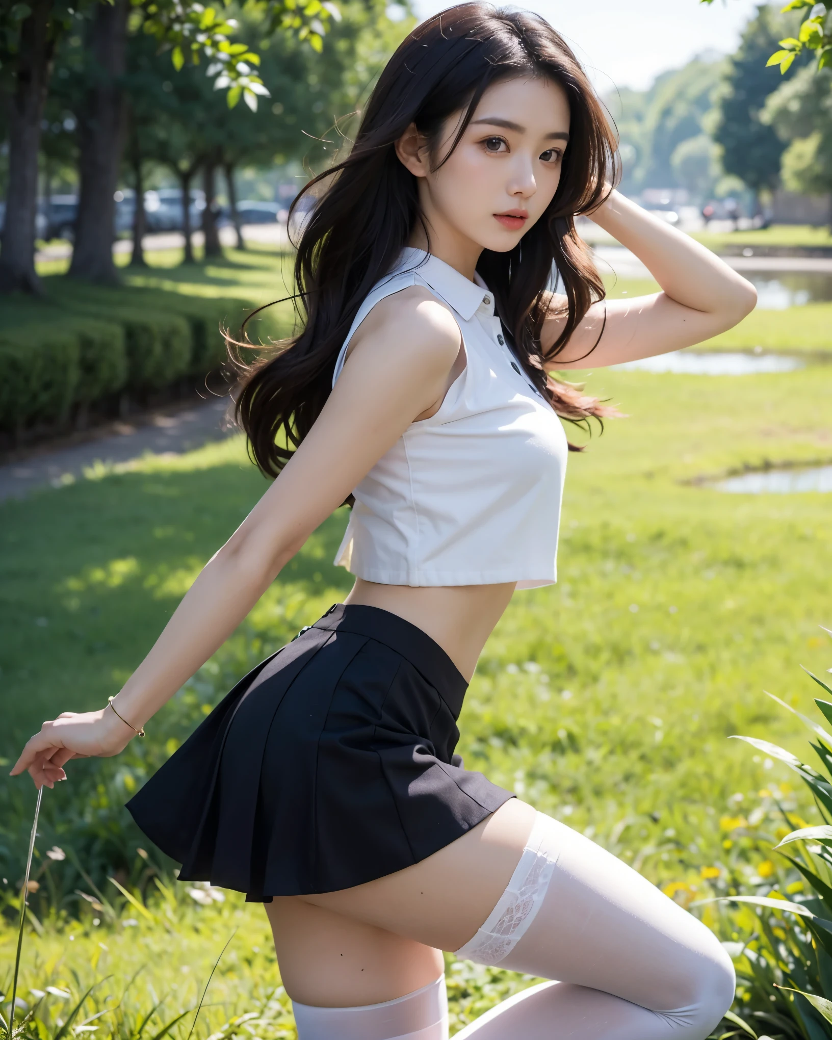 Beautiful Japanese Waifu, early 30s, brunette hair, white cropped shirt, black mini skirt, white stockings, in countryside