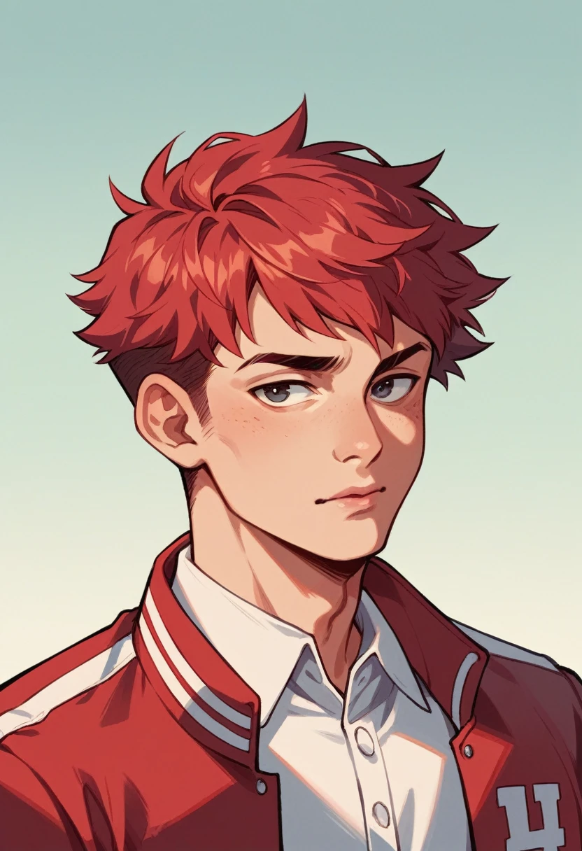 best qualityer, ung boy, standing alone, Cartoon portrait , fund, shorth hair, pink lips, Red hair, wearing red varsity jacket