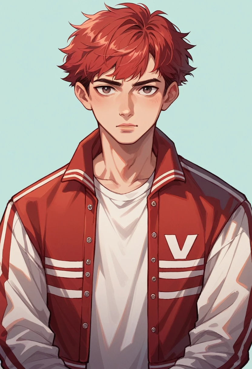 best qualityer, ung boy, standing alone, Cartoon portrait , fund, shorth hair, pink lips, Red hair, wearing red varsity jacket