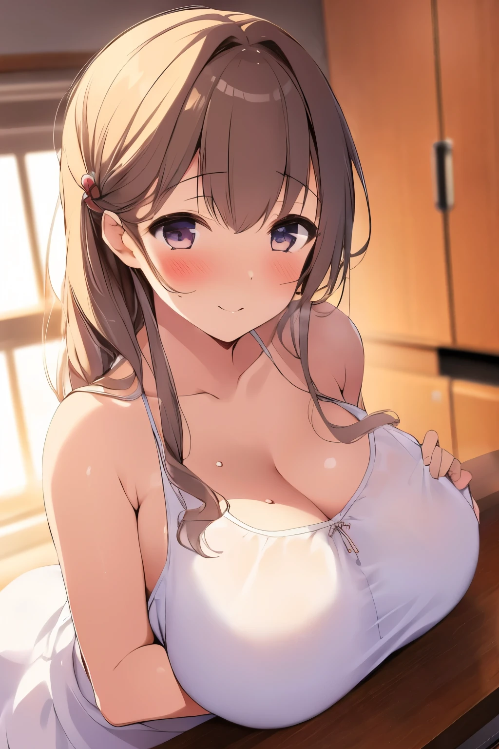 masterpiece,best quality,1girl, paizuri_under_clothes, PUC, 1boy, paizuri, blush, large_breasts,white dress,Camisole dress,in kitchen,blur background,background defocus