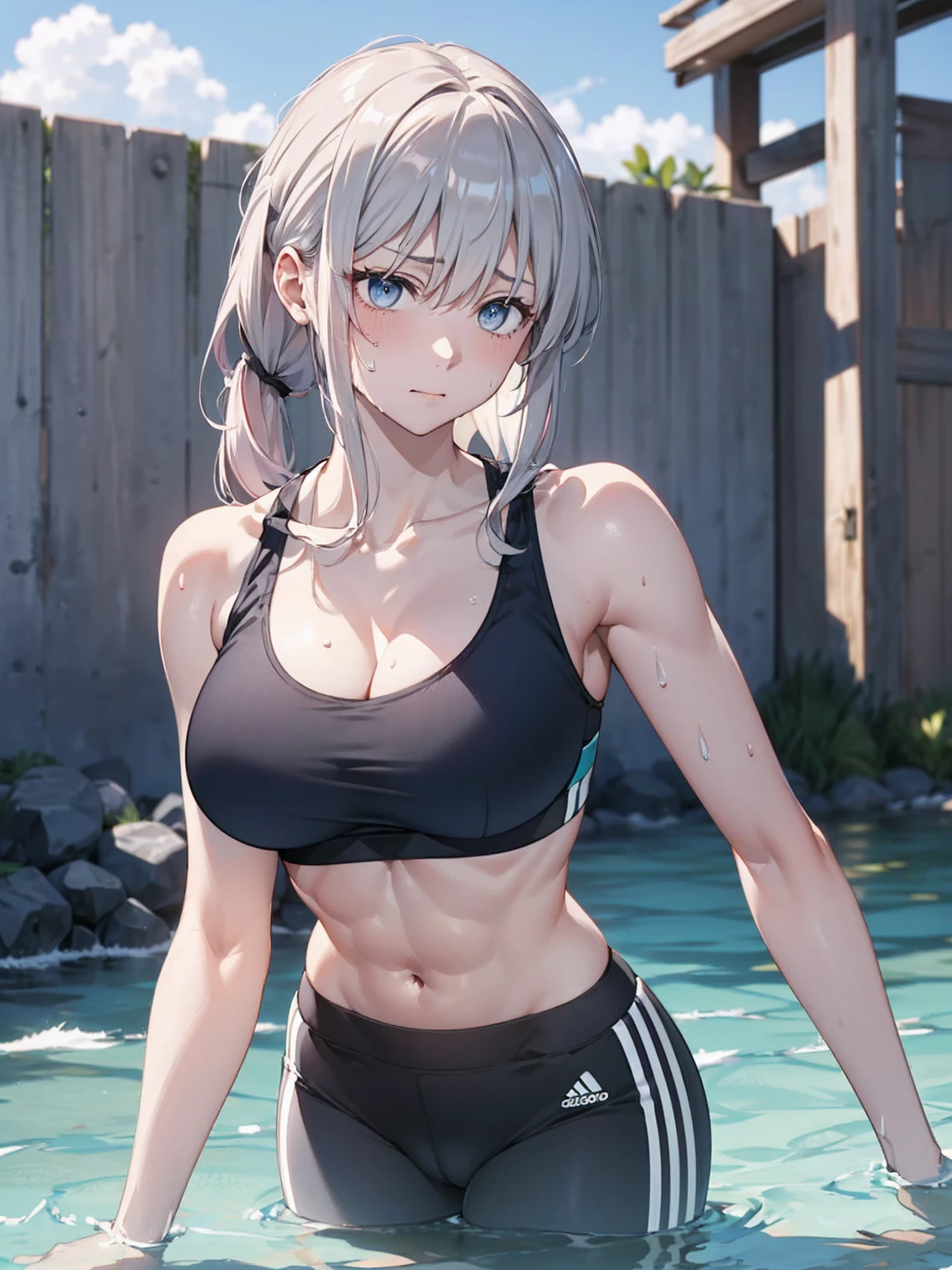 （Sweat, White skin:1.5、Light gray sports bra, Black stained clothing:1.5）, cameltoe, Brand logo on the bra, Fitness, Bodybuilding Poses, ((ブラにSweat染み:1.5, Sweatで濡れている, Sweat染み, Grey sports bra discolored by water)),Big Breasts, Sturdy body
