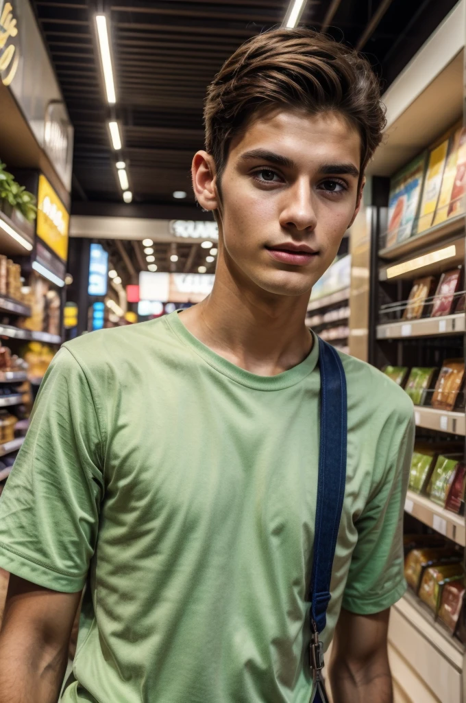 Young handsome slim brunette man taking selfie realistic 8k, in a shopping center, high quality background