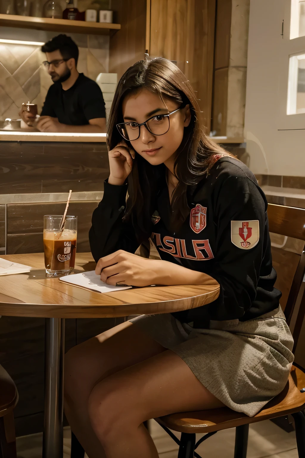 I want you to draw a successful and social university student living in Turkey.. Let it be quite realistic and sit at the table in a cafe with Italian architecture.. Have an Eskişehirspor jersey on, let him use glasses