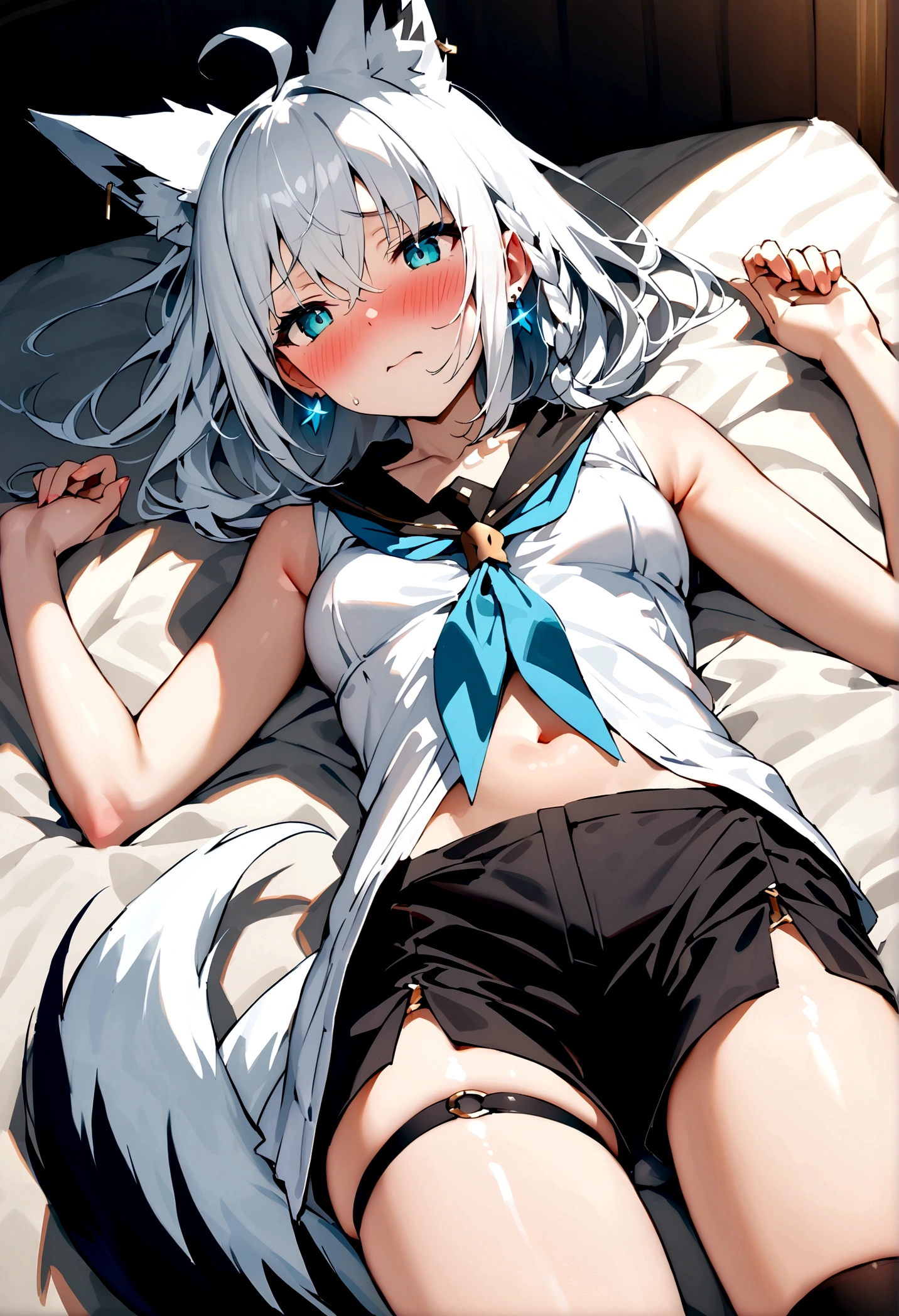 NSFW,masterpiece,Highest quality,High resolution,Super detailed,Snowstorm、Gray Hair、One-sided braid、Ahoge、Earrings、Fox Tail、fubuki_base、White blouse、Sleeveless、Black shorts、Blue neckerchief、Thigh straps、Single knee socks、White Hair、One side braided、Ahoge、Earrings、Fox's Tail,Embarrassed,Frustrated face,,blush,Expecting face,Seduce,Cute Girl's Room,bed,Lying down,Lying on your back,Raise your arms,Spread your legs,(To flatter),Open clothes,want,Streaks,(Sex ve)