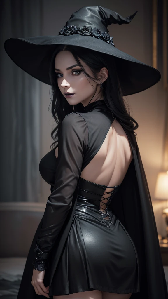 A beautiful woman wearing a black witch dress, black witch hat, black cape, short witch skirt, black translucent stockings, black high heels, pale skin, black lipstick and eye makeup, serious expression and slight smile, long white hair, large breasts, large buttocks, looking back at the viewer, (best quality,4k,8k,highres,masterpiece:1.2),ultra-detailed,(realistic,photorealistic,photo-realistic:1.37),HDR,UHD,studio lighting,ultra-fine painting,sharp focus,physically-based rendering,extreme detail description,professional,vivid colors,bokeh,portrait,fantasy,dark,dramatic lighting