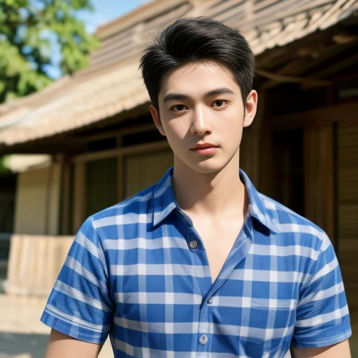 Haraf man looking at camera, perfect has a round face, Southeast Asian man with a round face, 3-D profile picture, 8K, 45,000,000 pixcls, realistic light colors, beautiful young asian man, Asian man, charming anime, Comfortable pose, Anime Asian man in real life, Handsome man with perfect body,Wear a jeans shirt., Freestyle photo of a handsome young man, ผู้Asian manที่สวยงาม, The character is in her natural pose.,