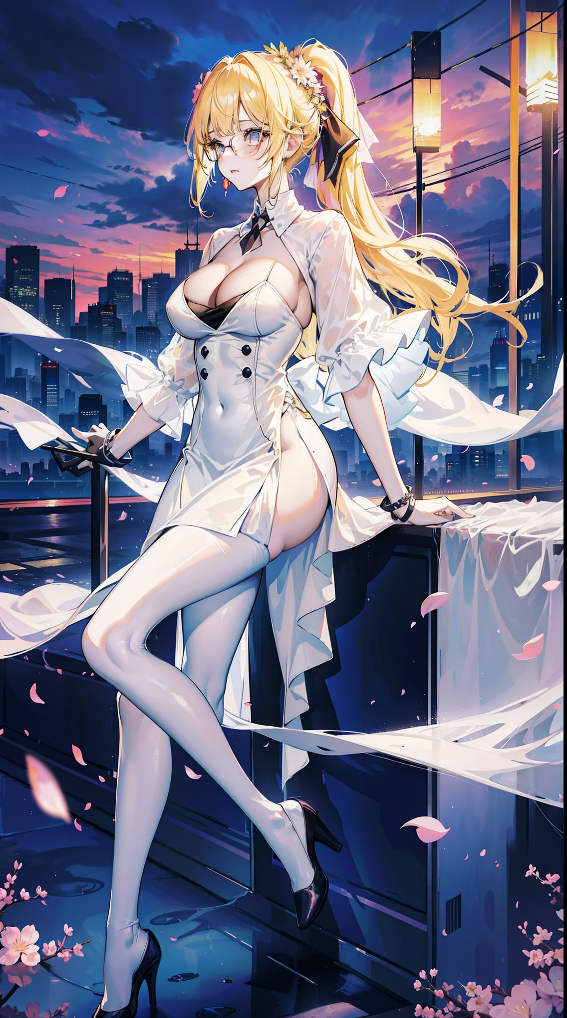 Young and beautiful Kathryn Newton, Glasses, White dress shirt, Very deep neckline, Black Mini Dress, Dark pantyhose, Surreal, , Model figure, Large Breasts, Beautiful breasts, Big Ass, Long hair, Ponytail, Blonde hair, Long legs, 8K, futuristic city, Cherry blossoms, sunrise, LED lighting, Anime style, (((Cleavage)))