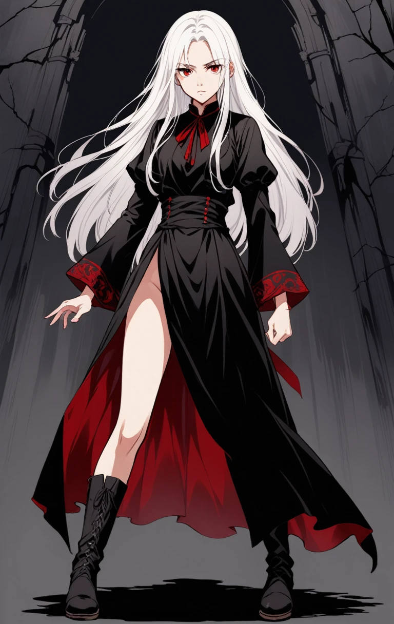 Girl, 20 years old, with long white hair down to below her waist, a serious yet tender expression, and red eyes. Her hair features black streaks. She wears antique-style clothing, a long black dress with a slit on the legs, and high black boots that almost reach her knees. Her power and background are related to shadows and darkness. dark escense, figth stance