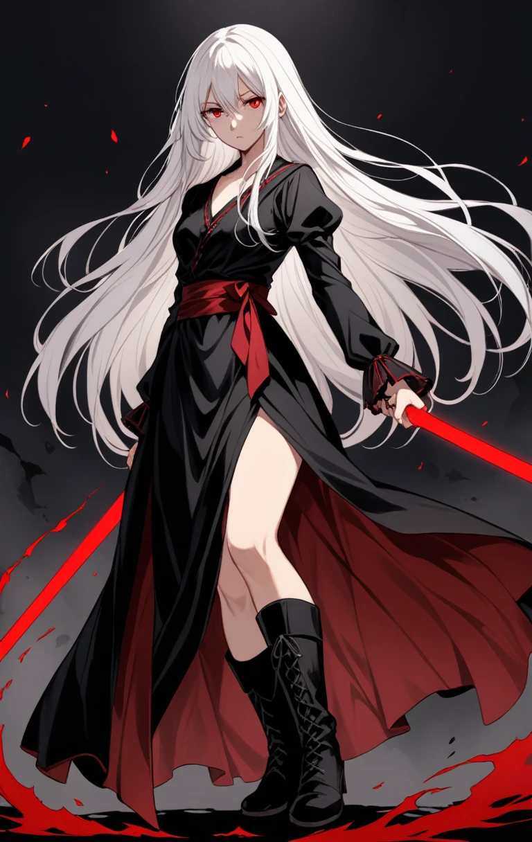 Girl, 20 years old, with long white hair down to below her waist, a serious yet tender expression, and red eyes. Her hair features black streaks. She wears antique-style clothing, a long black dress with a slit on the legs, and high black boots that almost reach her knees. Her power and background are related to shadows and darkness. dark escense, figth stance