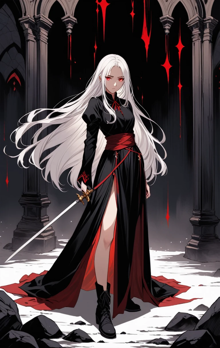 Girl, 20 years old, with long white hair down to below her waist, a serious yet tender expression, and red eyes. Her hair features black streaks. She wears antique-style clothing, a long black dress with a slit on the legs, and high black boots that almost reach her knees. Her power and background are related to shadows and darkness. dark escense, figth stance