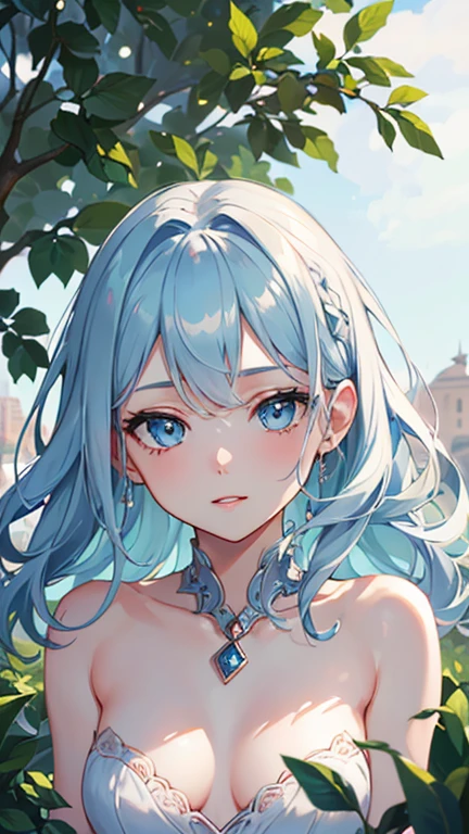 (best quality,4K,high resolution,Extremely detailed,Practical:1.2),,Light blue hair, beautiful blue eyes,Beautiful and delicate lips , Friendly Smile,garden , flat chest , whole body , Adult girl , looking into camera , White dress