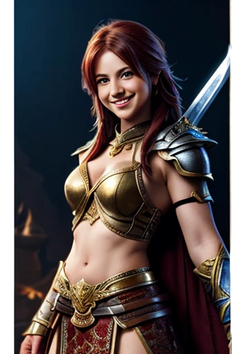 A fantasy female warrior, a sword in her hand, smiling, laughing, a twinkle in her eye, attractive, full body