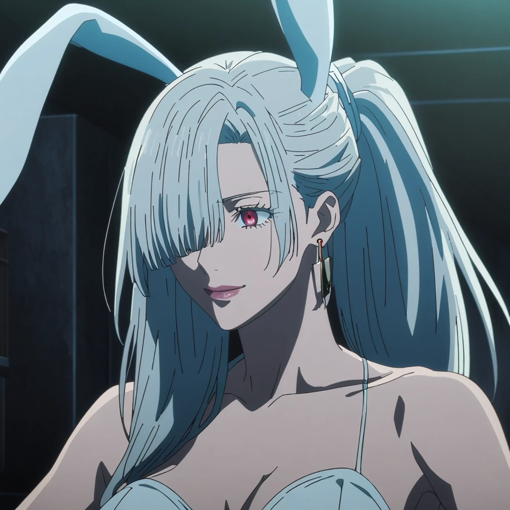 1girl, female gojo satoru, anime screencap from jujutsu kaisen, gojo satoru female version, solo, long_hair, Red eyes (silver_hair)), (hanging breasts) upper_body, smile, indoors, book, red_eyes, lips, ( ponytail) ((wearing bunny outfit ) breast, "very detailed and high resolution" (Red eyes) ((long hair, hair over one eyes)) ((solo)) (earings) ((high resolution)) ((good quality)) ((side bangs)) ((full body))