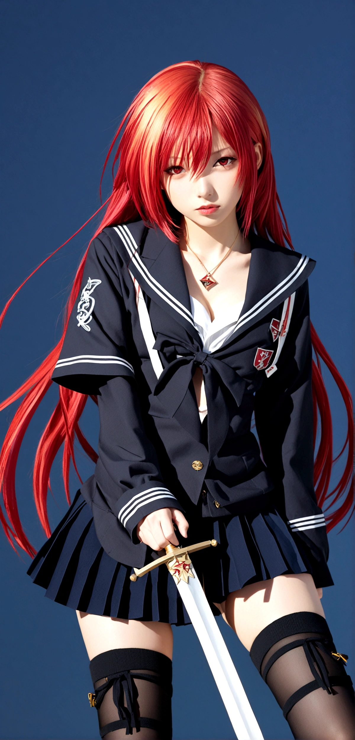 1girl, solo, long hair, red eyes, thighhighs, jewelry, school uniform, weapon, red hair, serafuku, sword, zettai ryouiki, pendant, shana, alastor \(shakugan no shana\)