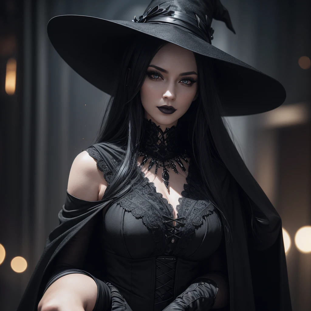 A beautiful woman wearing a black witch dress, black witch hat, black cape, short witch skirt, black translucent stockings, black high heels, pale skin, black lipstick and eye makeup, serious expression and slight smile, long white hair, large breasts, large buttocks, looking back at the viewer, (best quality,4k,8k,highres,masterpiece:1.2),ultra-detailed,(realistic,photorealistic,photo-realistic:1.37),HDR,UHD,studio lighting,ultra-fine painting,sharp focus,physically-based rendering,extreme detail description,professional,vivid colors,bokeh,portrait,fantasy,dark,dramatic lighting