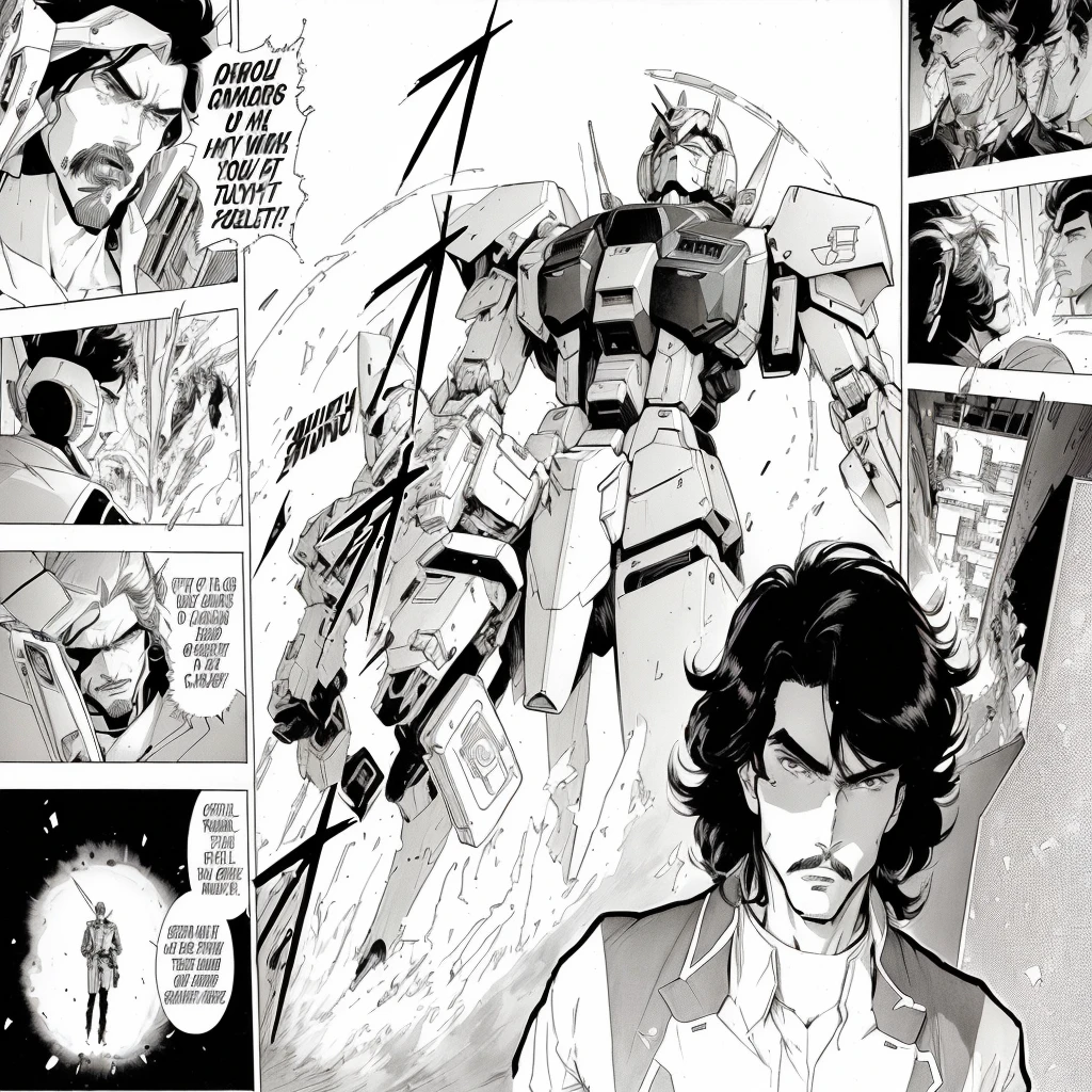 a close up of a comic page with a person in a suit, on a gundam, gundam style, award winning manga style, drdisrespect as a gundam, manga scans, # mecha, extreme gundam, tsutomu nihei style, black and white manga panel, in style of manga, striking manga artstyle, gundam is windmill shaped, color