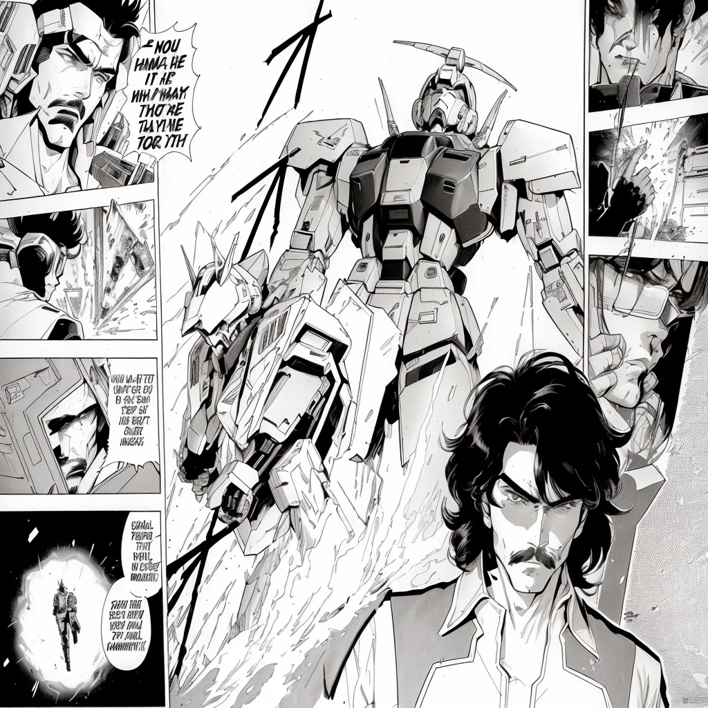 a close up of a comic page with a person in a suit, on a gundam, gundam style, award winning manga style, drdisrespect as a gundam, manga scans, # mecha, extreme gundam, tsutomu nihei style, black and white manga panel, in style of manga, striking manga artstyle, gundam is windmill shaped, color