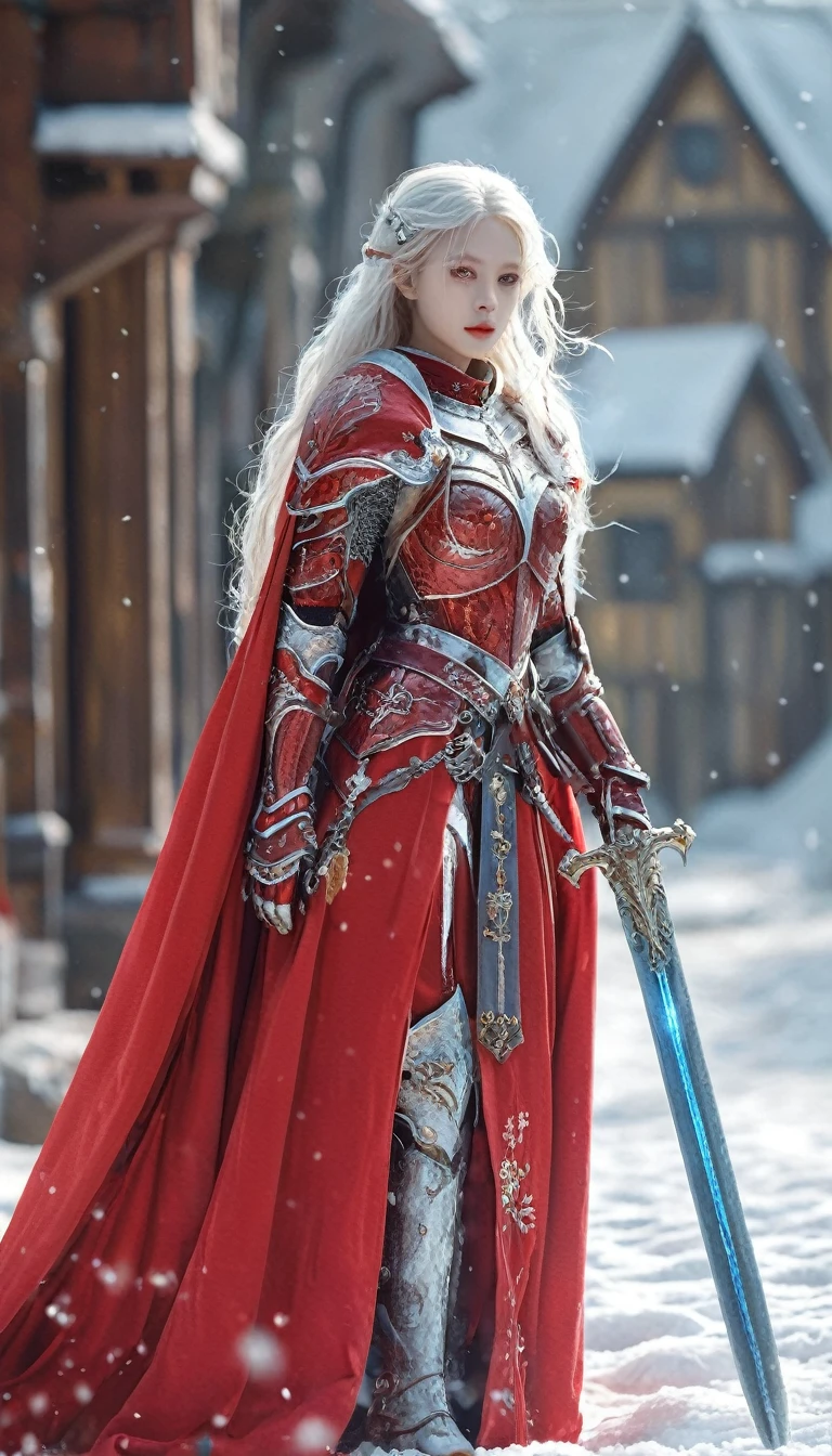 excellent quality, masterpiece, best quality, Ultra Detailed, Extremely detailed, Ultra HD, beautiful girl, Perfect anatomical structure, Perfect body, Model, Fashion pose, Wearing full magical red armor and red cape, Holding a crystal sword, Snowy medieval city, (random color:1.4),
Long hair, Various hairstyles, White hair, black eyes, Glowing eyes,
Extremely detailed, hkstyle